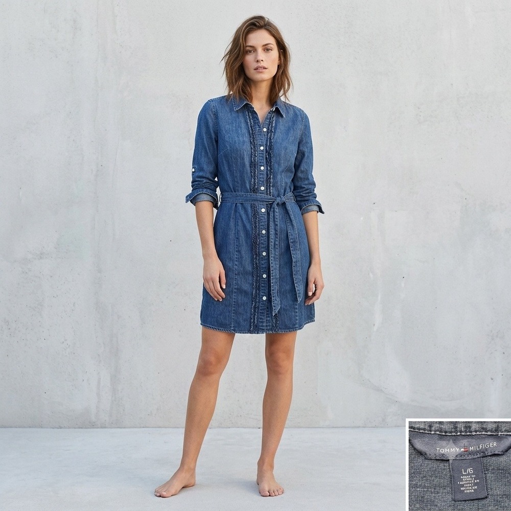 Tommy Hilfiger Shirt Dress Women Large Blue Ruffle Trim Belted Denim Long Sleeve
